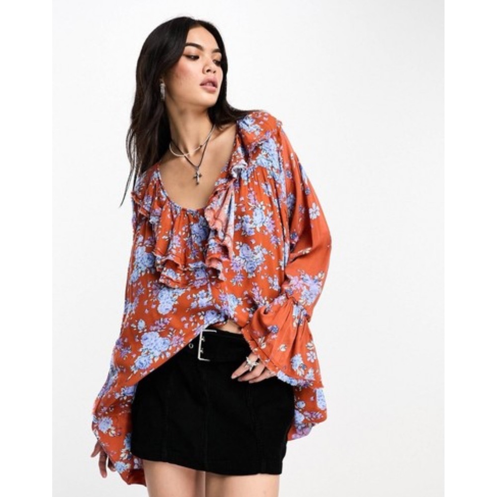 Free People Lorretta Printed‎ oversized floral ruffles Tunic Size XS Boho Chic